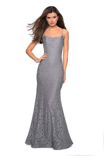 La Femme - 27565 Allover Lace Sleeveless Strappy Back Mermaid Gown In Gray