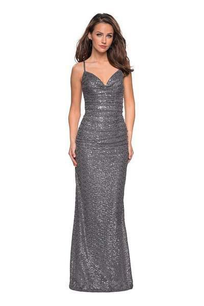La Femme - 27234 Sequined V-Neck Open Back Gown In Gray