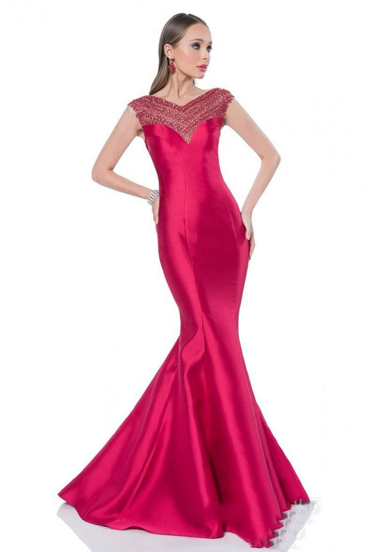 Terani Couture - 1611M0623A Beaded V Neck Cap Sleeves Trumpet Gown in Red