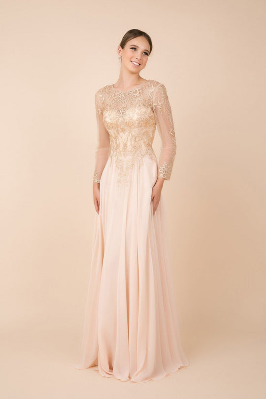 Nox Anabel - H529 Lace Embroidered Illusion A-Line Dress In Gold