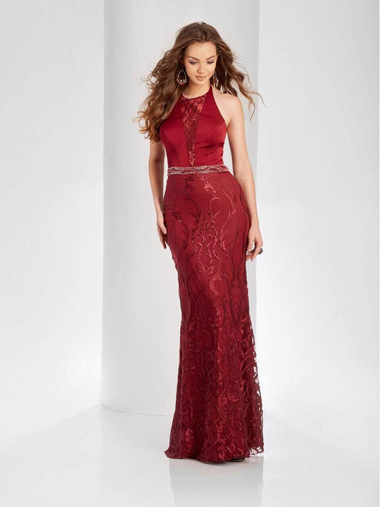 Clarisse - 3557 Embroidered Halter Sheath Dress in Red