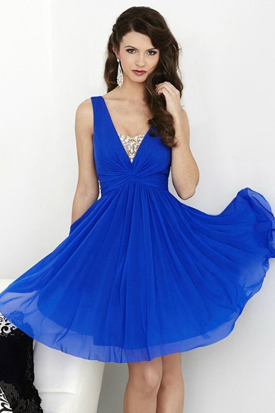 Tiffany Homecoming - Elegant V- Neckline Flowy Dress 27057 In Blue