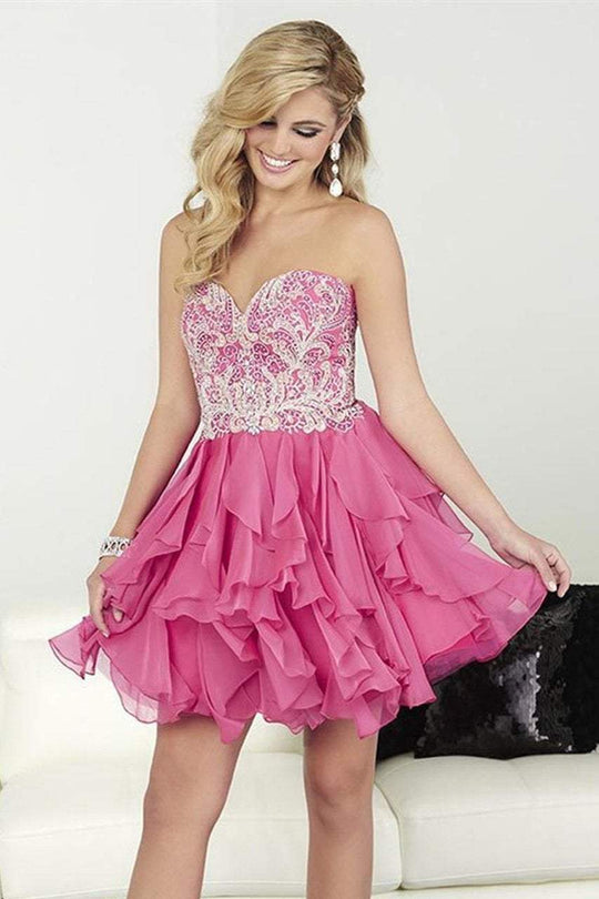 Tiffany Homecoming - 27076 Embroidered Strapless Lace Ruffled Cocktail Dress in Pink
