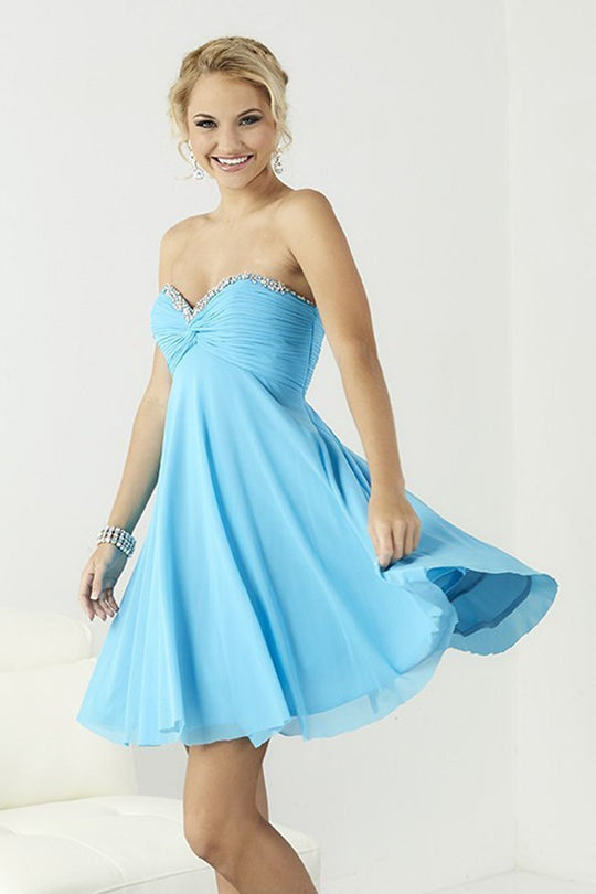 Tiffany Homecoming - 27080 Strapless Beaded Ruched Empire A Line Short Dress in Blue