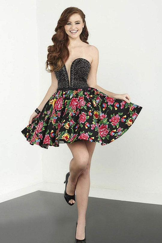 Tiffany Homecoming - 27083 Strapless Embellished Floral Printed Cocktail Dress in Black and Floral