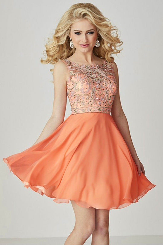 Tiffany Homecoming - Embroidered Illusion Bateau Neck Chiffon A-line Dress 27097 In Orange