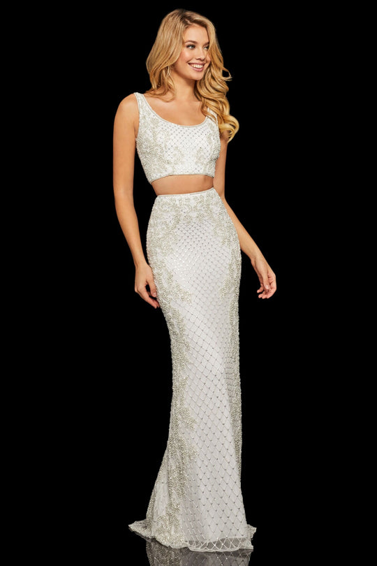Sherri Hill - 52686 Two Piece Beaded Scoop Neck Fitted Dress In White