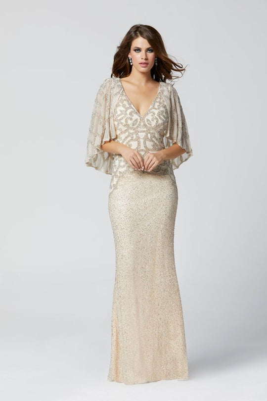 Primavera Couture - 3367 Beaded V-Neck Shawl Evening Dress In Neutral and Silver