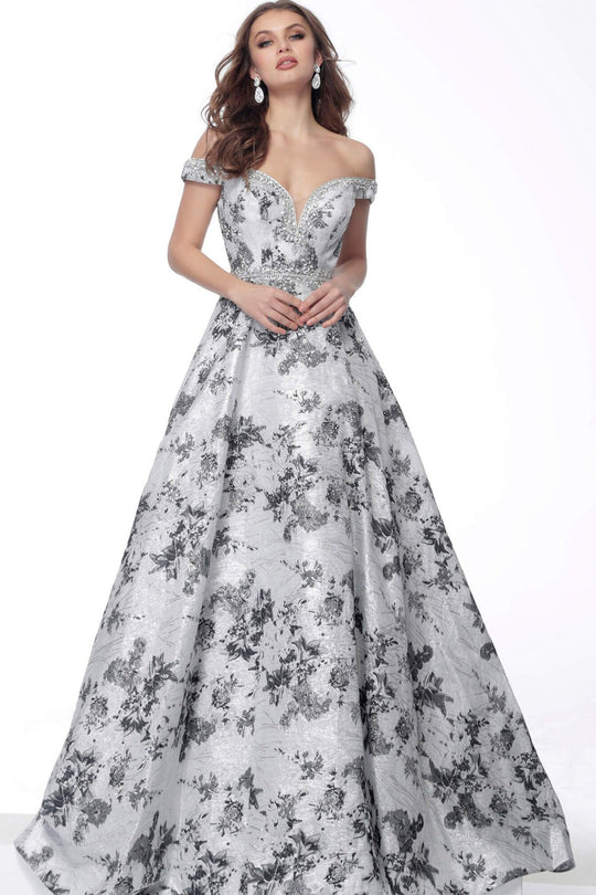 Jovani - 67218 Off-Shoulder Beaded Long A-line Dress In White and Gray