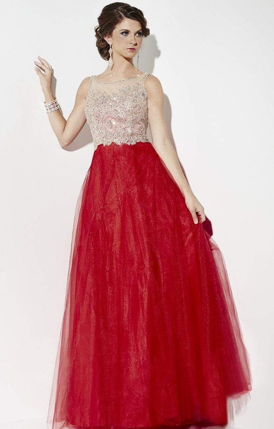 Studio 17 - 12575 Bedazzled Illusion Bateau Tulle Dress in Red and Gold