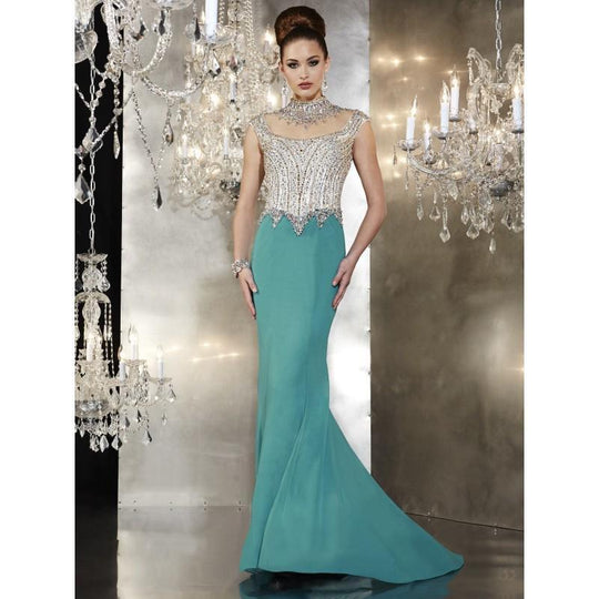 Panoply - 44266 High Neck Ab Stone Embellished Trumpet Gown in Green