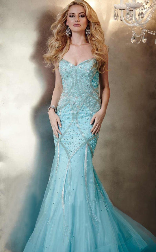 Panoply - 44274 Strapless Beaded Swirl Evening Gown in Blue