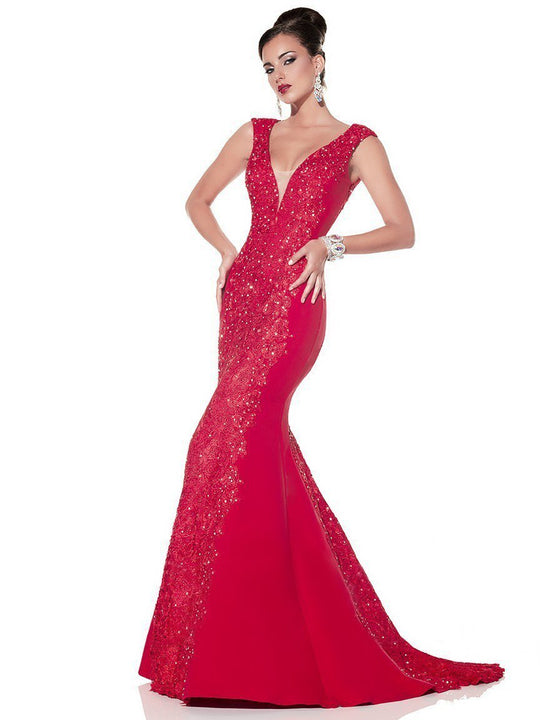 Panoply - 44306 V-Neck Lace Evening Gown with Chiffon Cape in Red