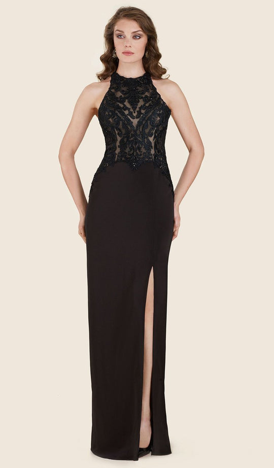 Rina Di Montella - RD2611 Beaded Lace Halter Sheath Dress in Black and Neutral