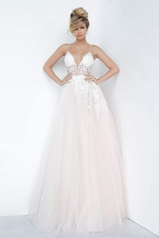 Jovani - 1310 Spaghetti Straps Sheer Embroidered Bodice Tulle Ballgown In White and Pink