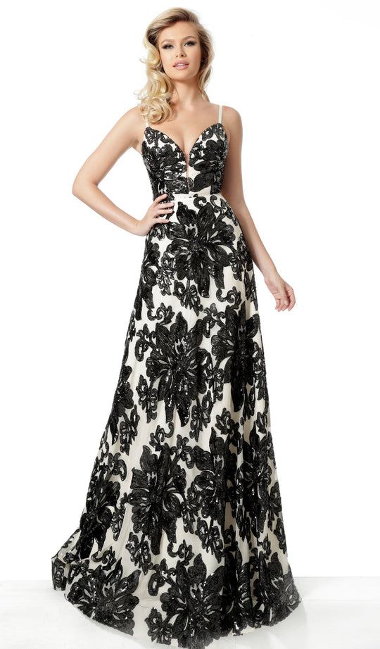 Jovani - 63362 Sequined Deep V-neck A-line Gown In White and Black