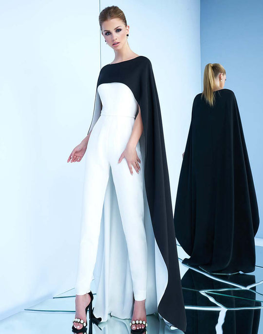 Ieena Duggal  - 25634i Jumpsuit with Floor Length Cape in Black and White