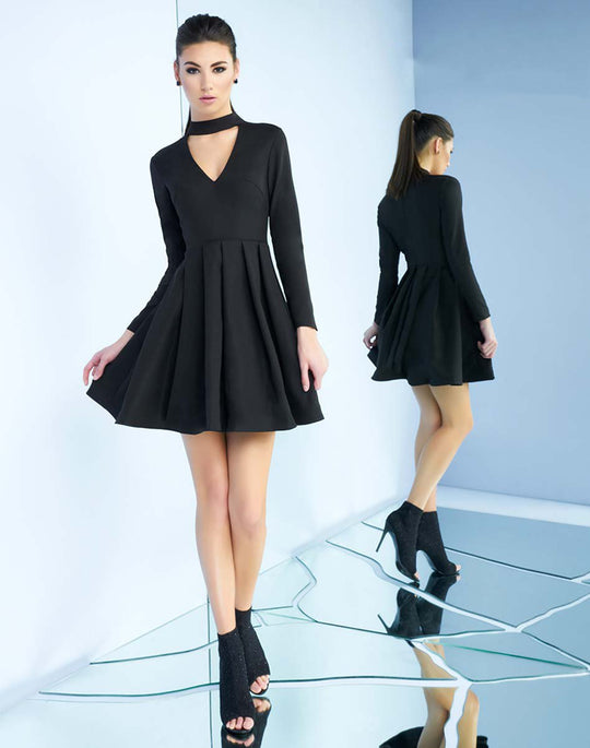 Ieena Duggal  - 55172i Long-Sleeved Choker Style Cocktail Dress in Black