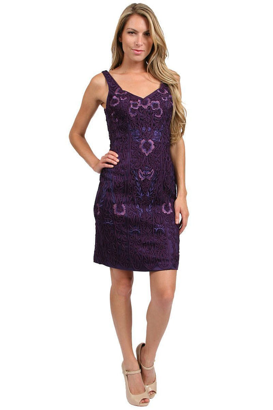 Sue Wong - C2411 V-neck Embroidered Sheath Cocktail Dress in Purple