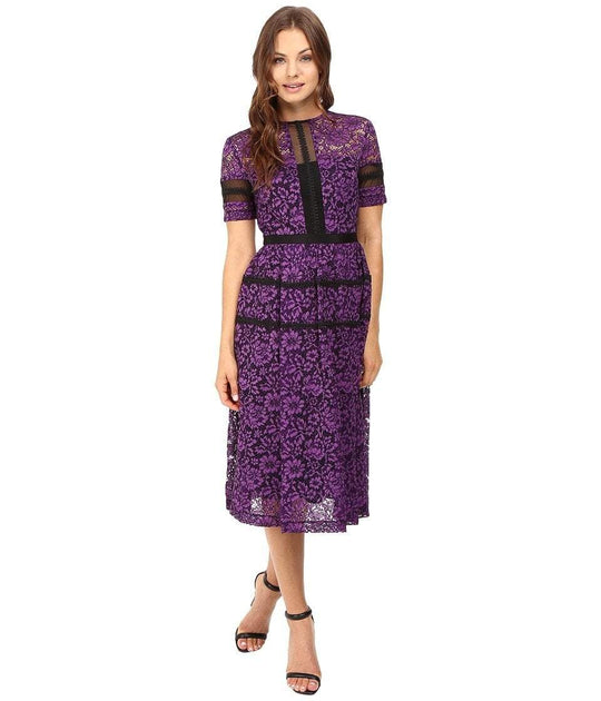 Donna Morgan - Jewel Neck Illusion Floral Lace Dress D4860M in Purple