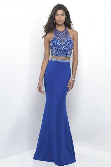 Intrigue - Two-Piece Metallic Crop Top Mermaid  Dress 251 in Blue
