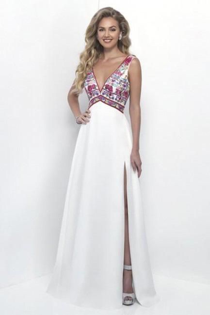 Intrigue - Plunging V-neck with Empire Waist A-line  Dress 254 in White and Multi-Color