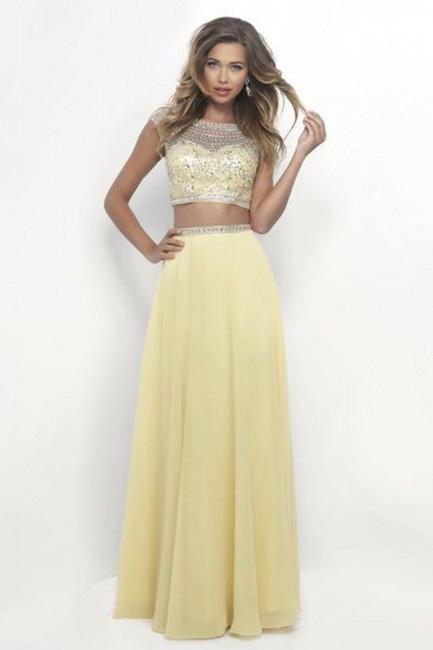 Intrigue - Beaded Crop Top Two-Piece A-line Chiffon  Gown 272 in Yellow