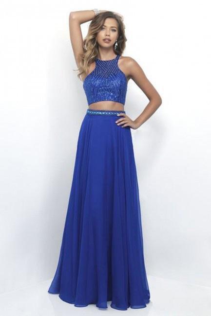 Intrigue - Embellished Crop Top A-line Chiffon Evening Dress 289 in Blue