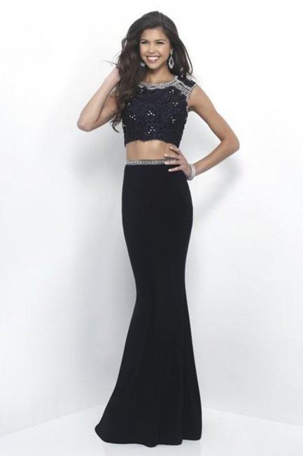 Intrigue - Lace Crop Top Two-Piece Sheath Evening Dress 301 in Black