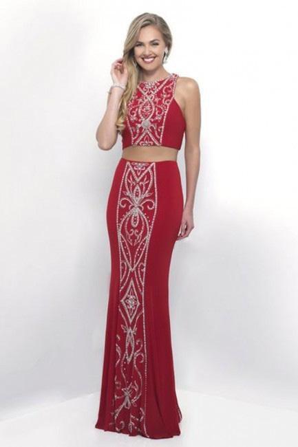 Intrigue - Two-Piece Bejeweled Jersey Evening Dress 304 in Red