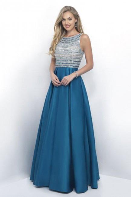 Intrigue - Jewel Neckline Crystal Embellished A-line Dress 308 in Blue