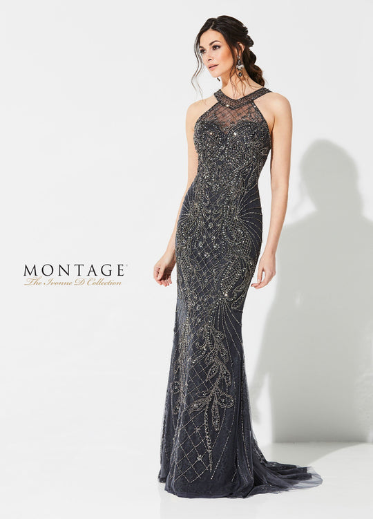 Ivonne D for Mon Cheri - 219D74 Bedazzled Halter Dress With Train In Gray