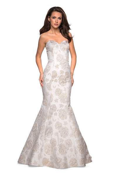 La Femme - 27275 Strapless Sweetheart Jacquard Mermaid Dress In White and Gold