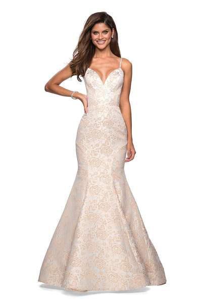 La Femme - 27310 Plunging Sweetheart Jacquard Mermaid Dress In White and Gold