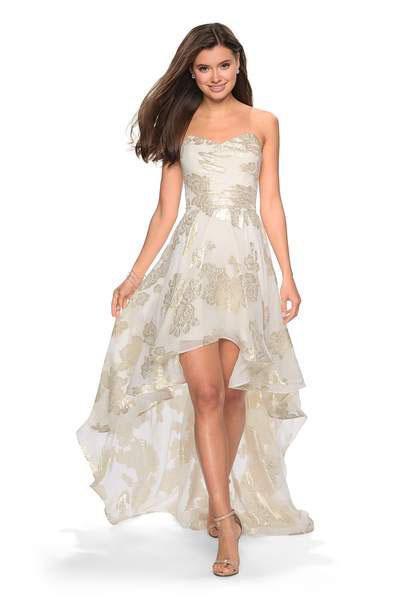 La Femme - 27753 Metallic Floral Print Sweetheart High Low Aline Dress In White and Gold