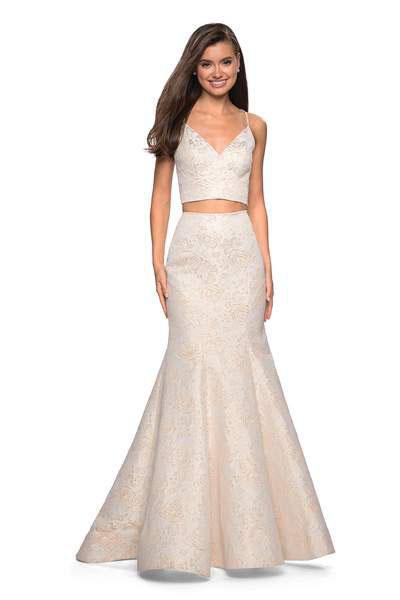 La Femme - 27749 Two Piece Jacquard Mermaid Dress With Train In White and Gold