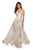 La Femme - 27547 Metallic Floral Plunging V-neck A-line Dress In White and Gold
