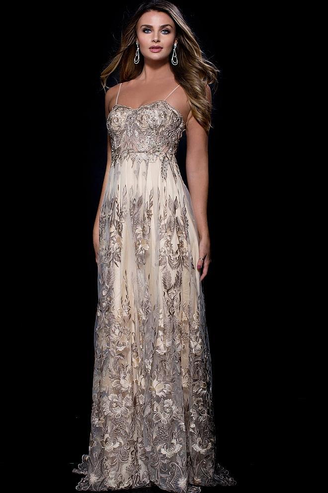 55135 Spaghetti Straps Floral Embroidered A-line Gown
