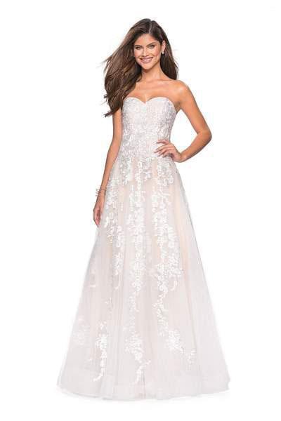 La Femme - 27269 Strapless Sweetheart Floral Lace Applique A Line Gown In White and Neutral