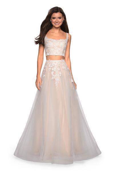 La Femme - 27635 Two Piece Lace Embellished Tulle A-line Dress In White and Neutral