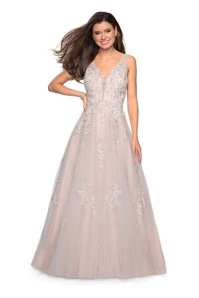 La Femme Gigi - 27727 Floral Lace Deep V-neck Tulle A-line Dress In White and Neutral