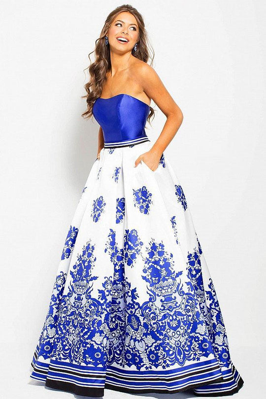 JVN58592 Strapless Fitted Printed Ballgown