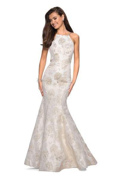La Femme - 27796 Halter Jacquard Mermaid Dress In White and Gold