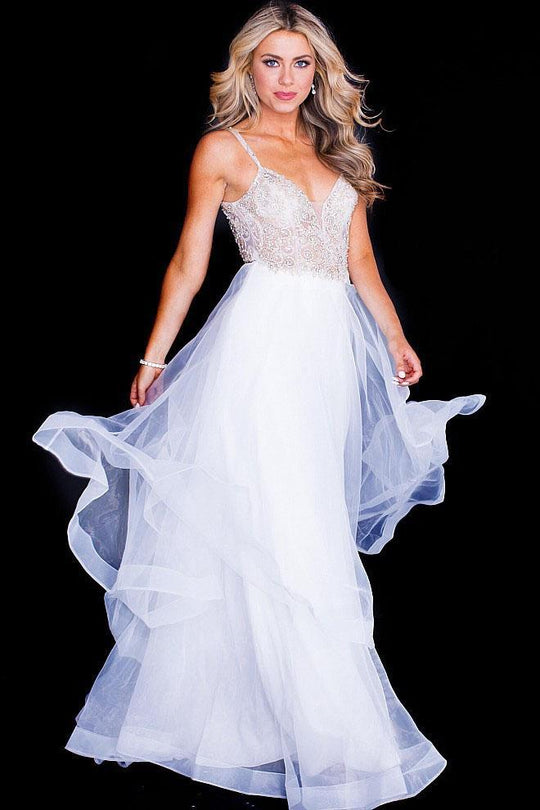 JVN50407 Beaded Plunging Tulle Gown