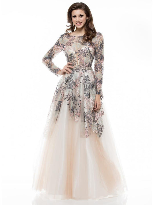 Colors Couture - J034SL Embellished Long Sleeve A-line Dress In Neutral and Multi-Color
