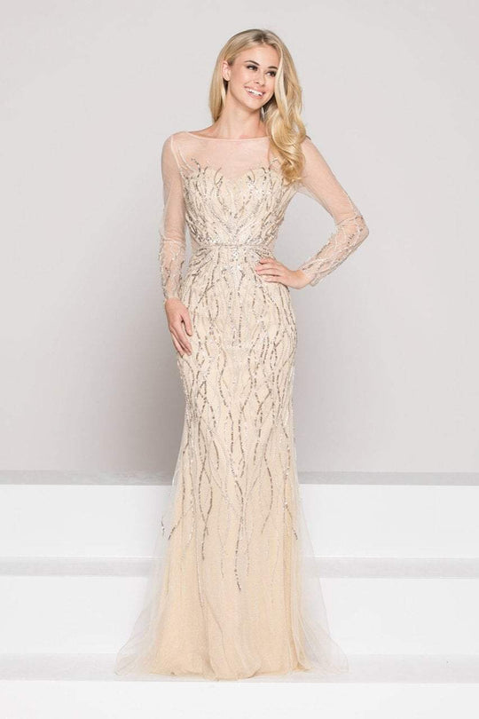 Colors Couture - J063 Sheer Long Sleeve Embellished Gown In Neutral