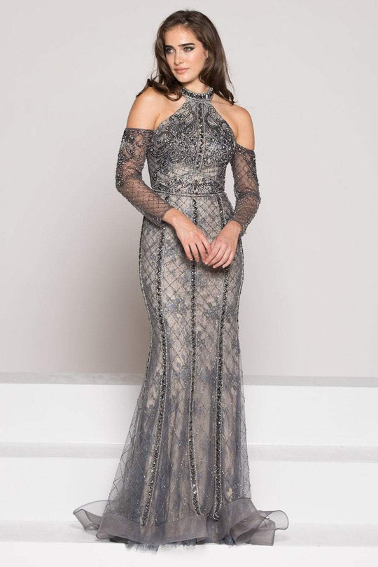 Colors Couture - J065 Halter Cold Shoulder Beaded Evening Gown In Gray and Neutral