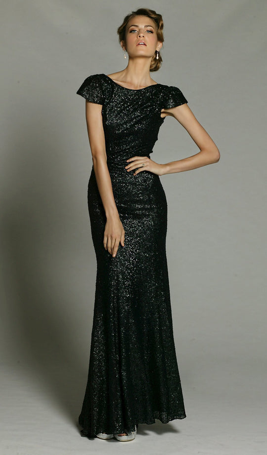Jadore - J1035 Sequined Bateau Trumpet Dress In Black