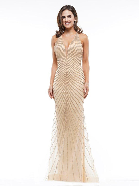 Colors Dress - J105 Beaded Deep V-neck Trumpet Dress In Neutral and Gold