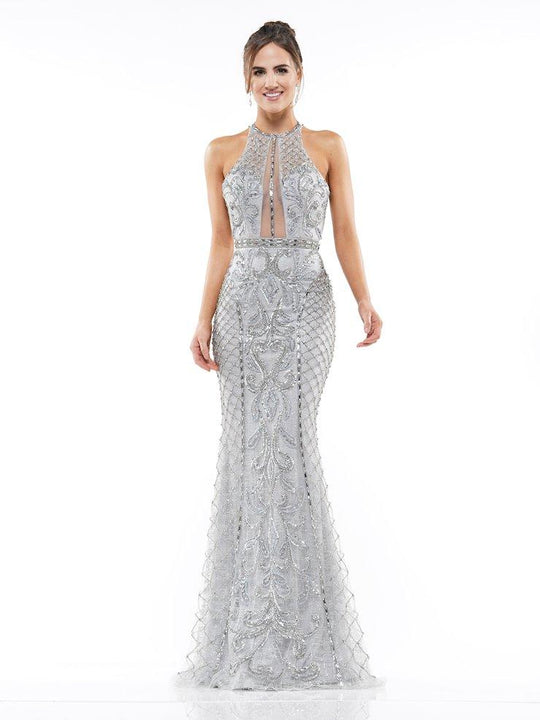 Colors Dress - J106 Beaded Halter Neck Trumpet Dress With Train In Gray